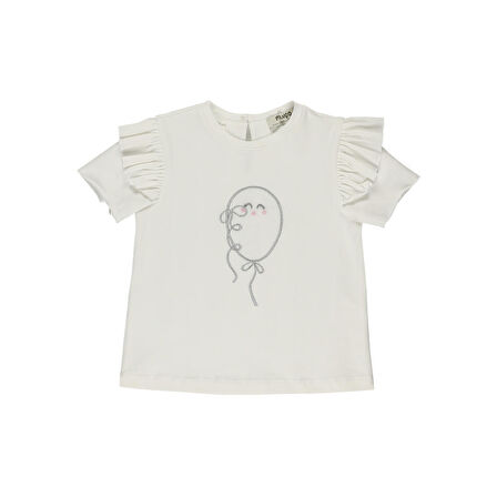 Panço Kız Çocuk Balon Nakışlı T-shirt Beyaz
