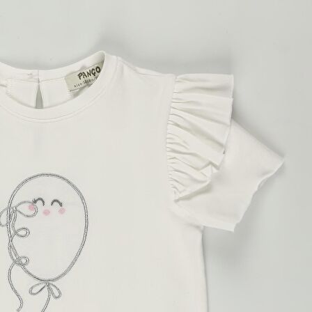 Panço Kız Çocuk Balon Nakışlı T-shirt Beyaz