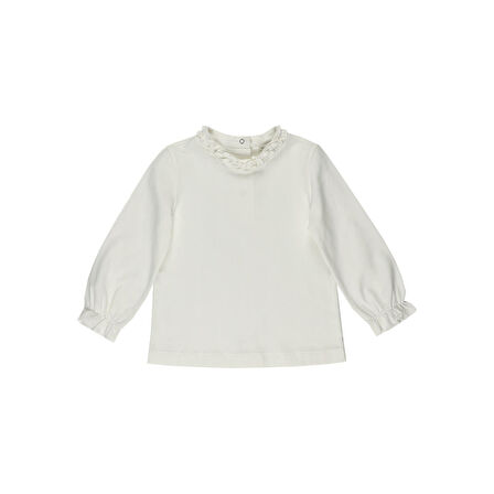 Panço Kız Çocuk Yakası Fırfırlı Uzun Kollu T-Shirt Ekru