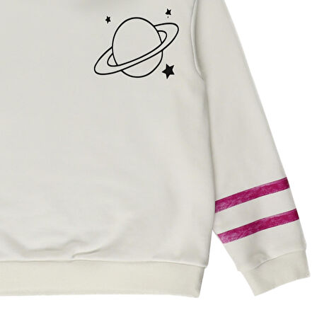 Panço Kız Çocuk Galaxy Baskılı Kapüşonlu Sweatshirt Ekru