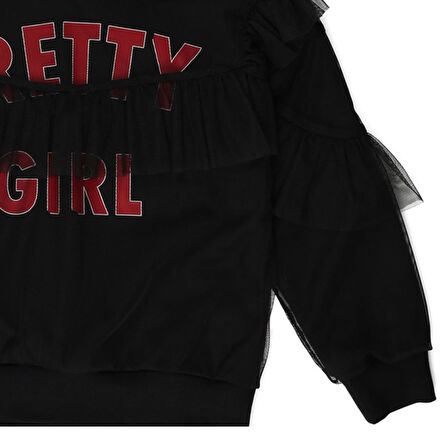 Panço Kız Çocuk Baskı Ve Tül Detaylı Kapüşonlu Sweatshirt Siyah