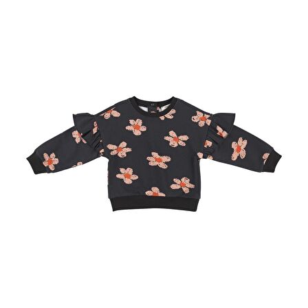 Panço Kız Çocuk Çiçek Baskılı Sweatshirt Siyah
