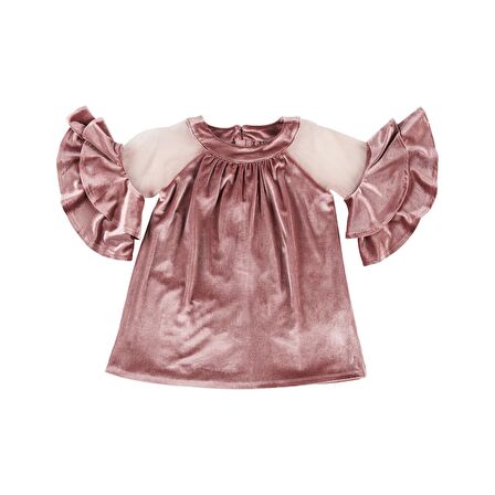 Panço Kız Çocuk Kolları Volan Detaylı Kadife Elbise Pembe