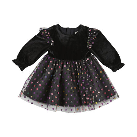 Panço Kız Çocuk Renkli Puantiye Detaylı Elbise Siyah