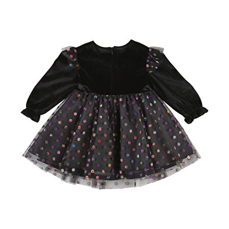 Panço Kız Çocuk Renkli Puantiye Detaylı Elbise Siyah
