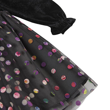 Panço Kız Çocuk Renkli Puantiye Detaylı Elbise Siyah