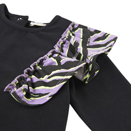 Panço Kız Çocuk Fırfır Detaylı Uzun Kollu T-Shirt Siyah