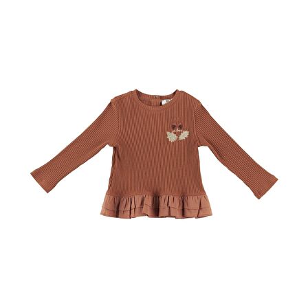 Panço Kız Çocuk Etek Ucu Fırfır Detaylı Uzun Kollu T-Shirt Kiremit