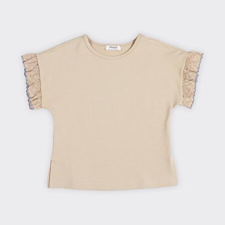 Panço Kız Çocuk Kol Ucu Dantel Detaylı T-Shirt Bej