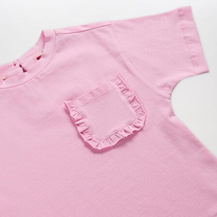 Kız Çocuk Cebi Fırfır Detaylı T-Shirt Beyaz