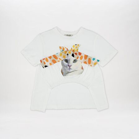 Panço Kız Çocuk Üç Boyutlu Baskı Detaylı T-Shirt Ekru