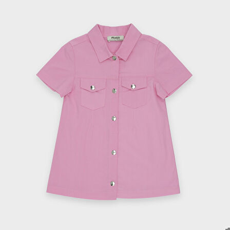 Kız Çocuk Cep Detaylı Gömlek Elbise Pembe