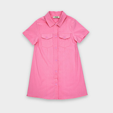 Kız Çocuk Cep Detaylı Gömlek Elbise Pembe