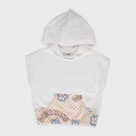 Kız Çocuk Desenli Kanguru Cepli Kapüşonlu Sweatshirt Ekru