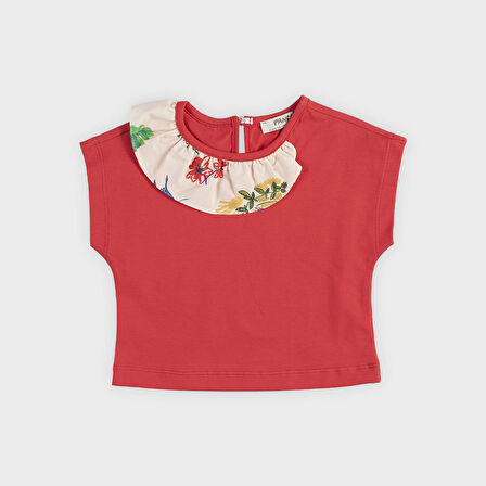 Kız Çocuk Yakası Fırfır Detaylı T-Shirt Bej