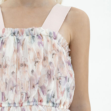 Kız Çocuk Çiçek Desenli Tül Elbise Pudra