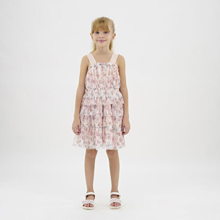 Kız Çocuk Çiçek Desenli Tül Elbise Pudra