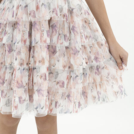 Kız Çocuk Çiçek Desenli Tül Elbise Pudra