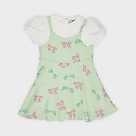 Kız Çocuk Desenli İki Parçalı Elbise Pembe