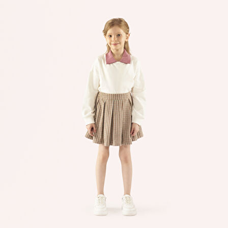 Kız Çocuk Yakalı Uzun Kollu T-Shirt Ekru