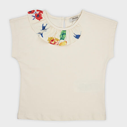 Kız Çocuk Yakası Fırfır Detaylı T-Shirt Bej