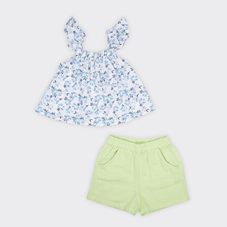 Kız Çocuk  Çiçek Desenli Bluz ve Beli Lastikli Şortlu Takım  