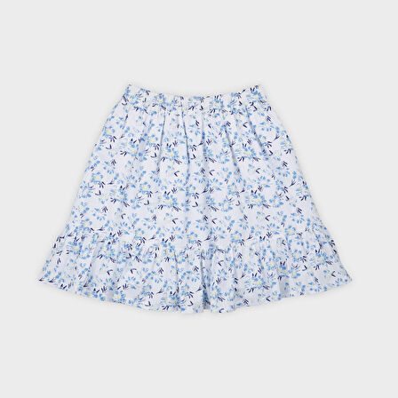 Kız Çocuk Çiçek Desenli, Volanlı Etek Mavi