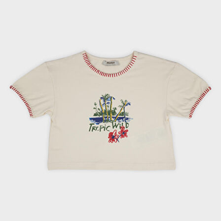 Kız Çocuk El İşi Detaylı T-Shirt Bej