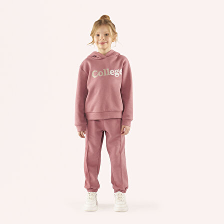 Kız Çocuk Baskı Detaylı Kapşonlu Sweatshirt Gül Kurusu