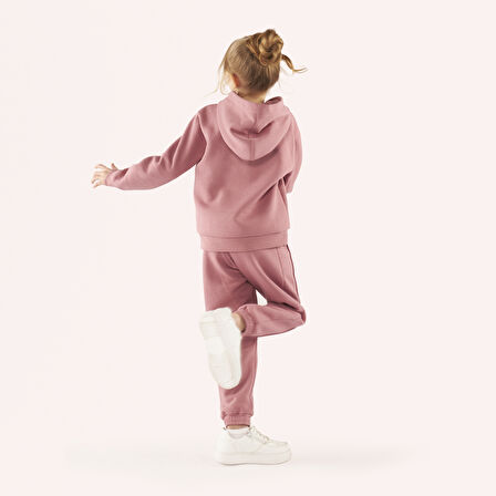 Kız Çocuk Baskı Detaylı Kapşonlu Sweatshirt Gül Kurusu