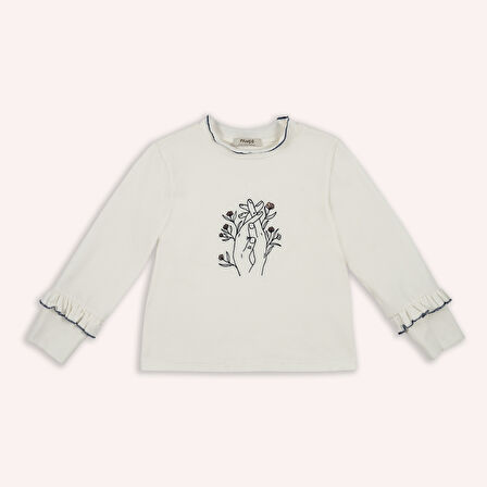 Kız Çocuk Nakışlı T-Shirt Ekru
