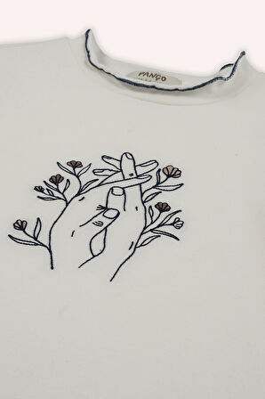 Kız Çocuk Nakışlı T-Shirt Ekru