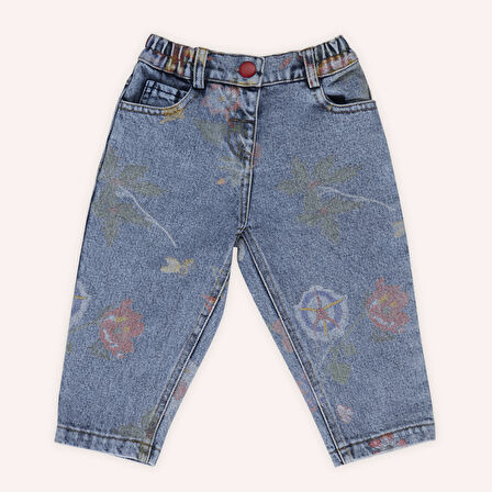 Kız Çocuk Desenli Denim Pantolon Mavi