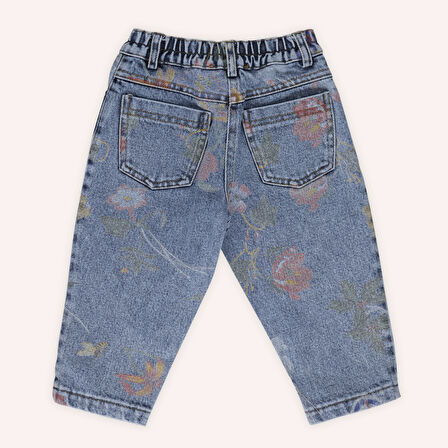 Kız Çocuk Desenli Denim Pantolon Mavi
