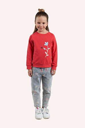 Kız Çocuk Nakış Detaylı Sweatshirt Kırmızı