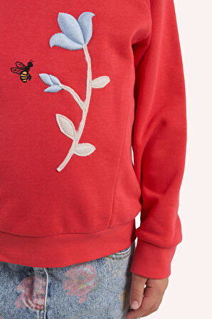 Kız Çocuk Nakış Detaylı Sweatshirt Kırmızı