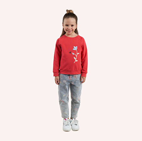 Kız Çocuk Nakış Detaylı Sweatshirt Kırmızı