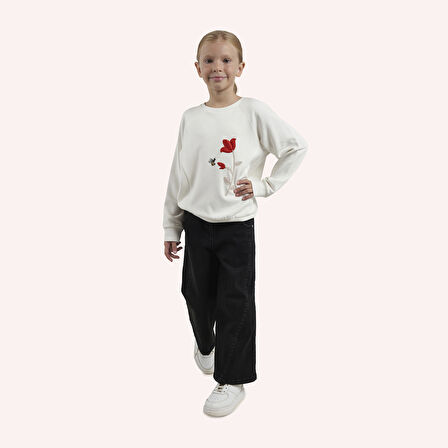 Kız Çocuk Nakış Detaylı Sweatshirt Kırmızı