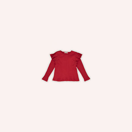 Kız Çocuk Kolları Fırfır Detaylı T-Shirt Kırmızı