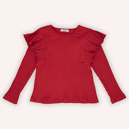 Kız Çocuk Kolları Fırfır Detaylı T-Shirt Kırmızı