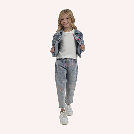 Kız Çocuk Desenli Denim Ceket Mavi