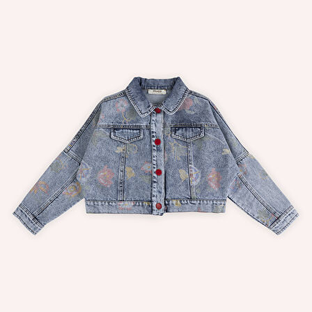 Kız Çocuk Desenli Denim Ceket Mavi