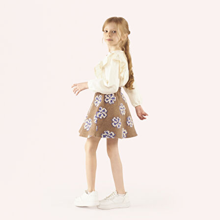 Kız Çocuk Çiçek Desenli Etek Camel