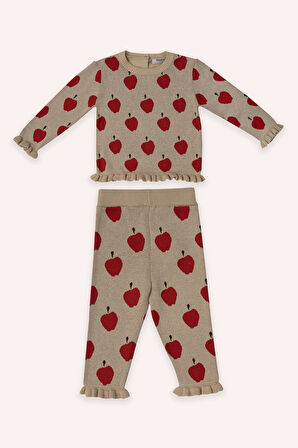 Kız Çocuk Elma Desenli 2'li Triko Takım Bej