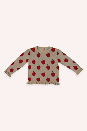 Kız Çocuk Elma Desenli 2'li Triko Takım Bej