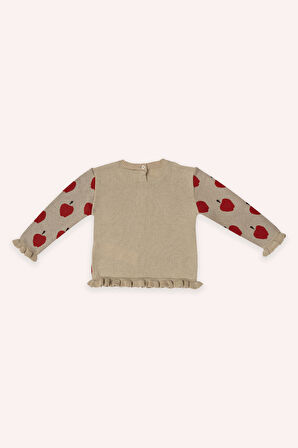 Kız Çocuk Elma Desenli 2'li Triko Takım Bej