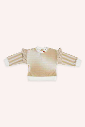 Kız Çocuk Çizgi Desenli Sweatshirt Bej