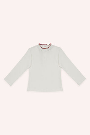 Kız Çocuk Yakası Dikiş Detaylı T-Shirt Ekru