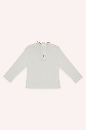 Kız Çocuk Yakası Dikiş Detaylı T-Shirt Ekru