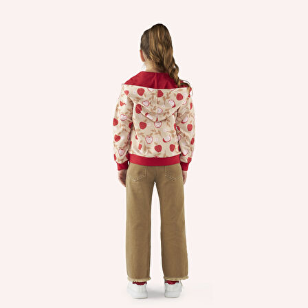Kız Çocuk Fermuarlı Elma Desenli Sweatshirt Bej